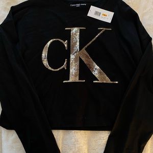 Calvin Klein Sequined Logo Crop Top Long Sleeve Crew Neck